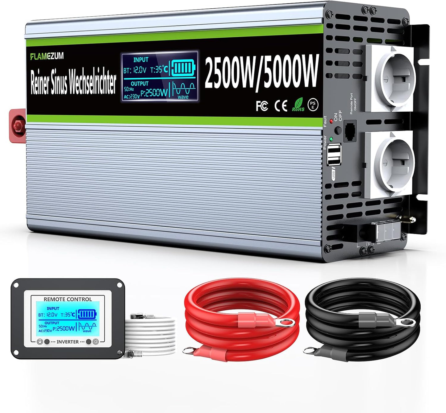 Omvormer 12v naar 230v Zuivere Sinus 2500w Converter Power Inverter Converter met LED-display & EU AC-Stopcontacten & 2 USB-poorten Voor Auto,Caravan,Boot,Camping