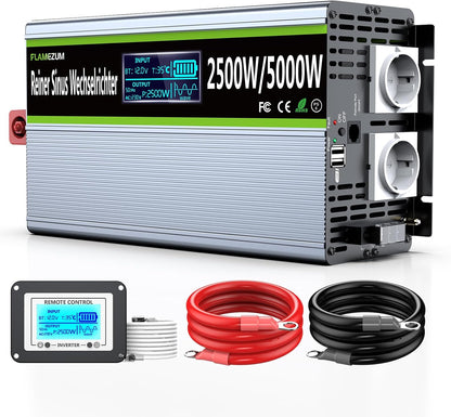 Omvormer 12v naar 230v Zuivere Sinus 2500w Converter Power Inverter Converter met LED-display & EU AC-Stopcontacten & 2 USB-poorten Voor Auto,Caravan,Boot,Camping