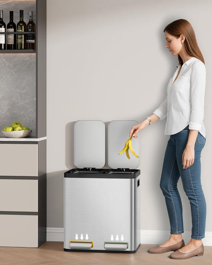 Hzuaneri Trash Bin, Kitchen Pedal Bin (2 x 15 L), Stainless Steel Waste Sorting System with Coloured Pedal, Removable Inner, Suitable for Kitchens, Silent Slow Closure of Lid, Silver