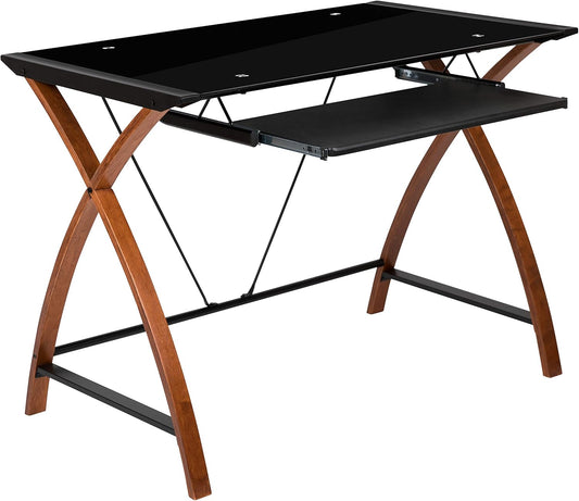 Flash Furniture Jude Zwart glazen computerbureau met uittrekbare toetsenbordlade en kriskras frame