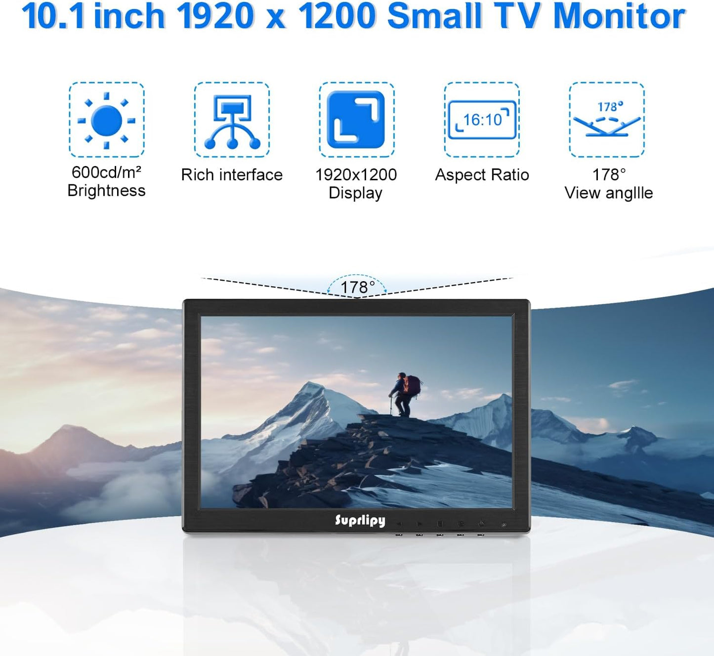 10 inch FHD kleine IPS Monitor LCD Scherm 1920x1200 60Hz 16:10 met BNC VGA AV Ingang Ingebouwde Lounspeakers voor CCTV Beveiligingscamera DVR PC STB Game Console
