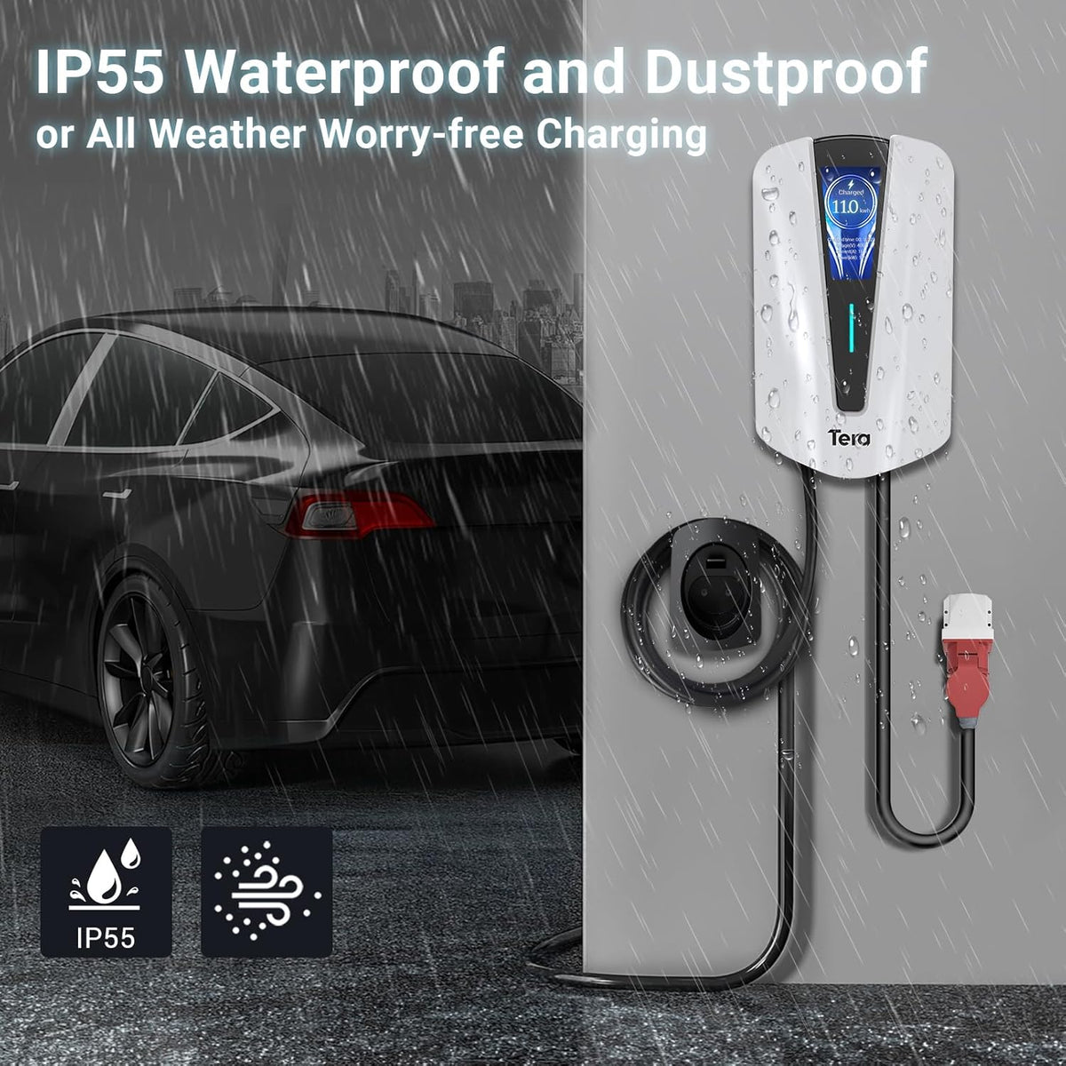 Tera EV Oplader Type 2 Wallbox: Oplaadstation Elektrisch Voertuig 11kW Driefasig, 16A 400V met Controleerbaar Digitaal Display, 7 Meter Oplaadkabel, Oplader Wandhouder voor EVs PHEVs