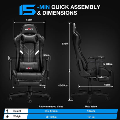 Douxlife Gaming Stoel, met 7-punts Massage, Ergonomische bureaustoel met Voetensteun, 90-175° Rugleuning Instelbaar, Verstelbare 2D-Armleuning, PC-gamerstoel, Bureaustoel, 180 kg, Diepzwart
