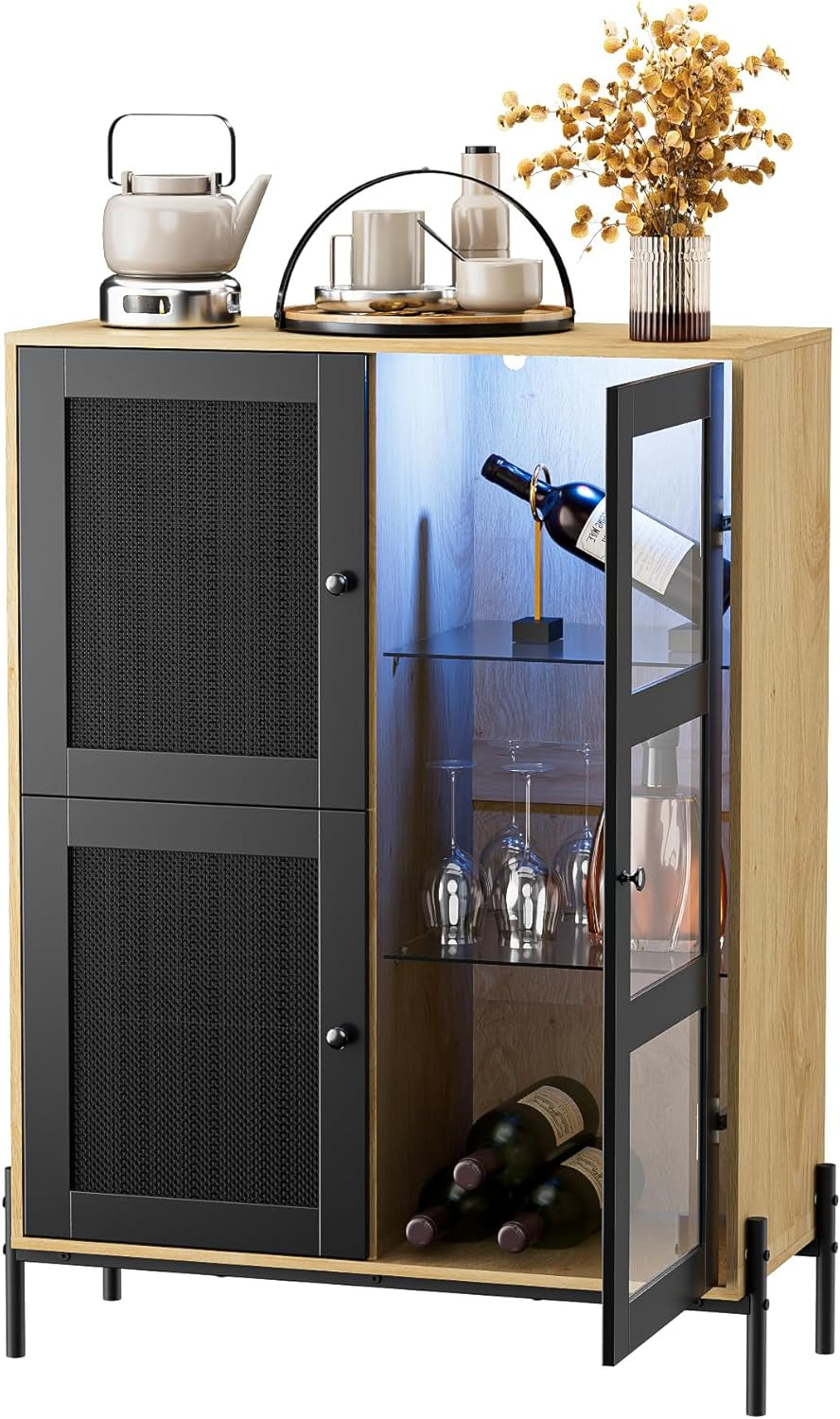 Wijnkast – Wijnrek – Drankkast – Kast – Servieskast – Hout & Vlechtwerk – 82x35x107,5 cm – LED-Verlichting Met 16 Kleuren