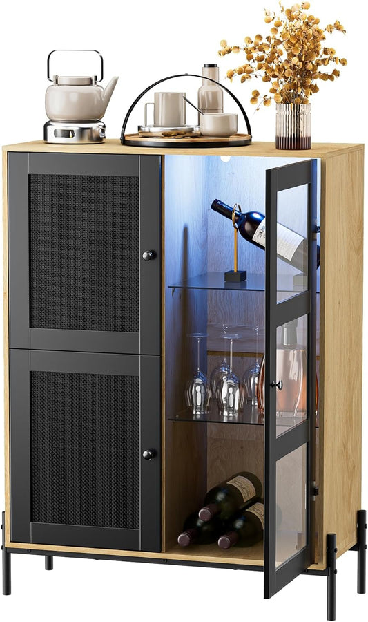 Wijnkast – Wijnrek – Drankkast – Kast – Servieskast – Hout & Vlechtwerk – 82x35x107,5 cm – LED-Verlichting Met 16 Kleuren