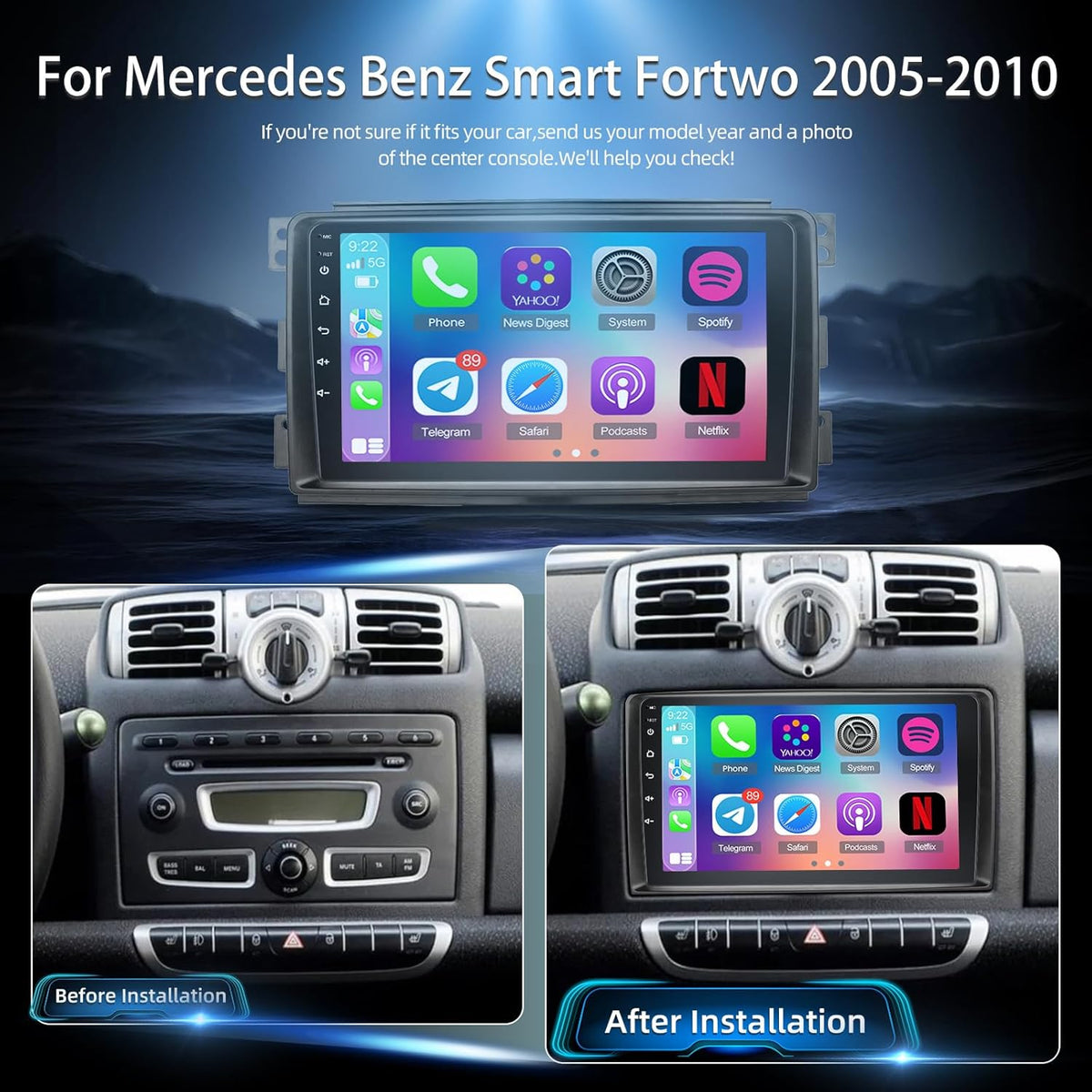 Qualcomm 8-Core 4GB+64GB Radio Vervanging voor Mercedes Benz Smart Fortwo 2005-2010, Android Autoradio met Draadloze CarPlay & Android Auto, DSP Hi-Res Audio, GPS, Achteruitrijcamera