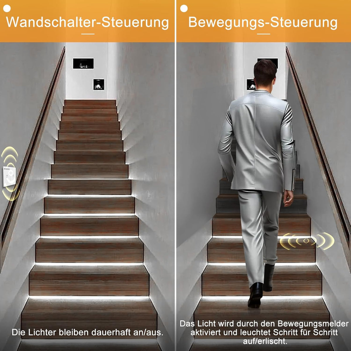 Intelligente led-traplichtset, 12 niveaus, bewegingsmelder, 2 x draadloze schakelaar, daglichtwit (6000 K), IP30, incl. voeding en verlengkabel