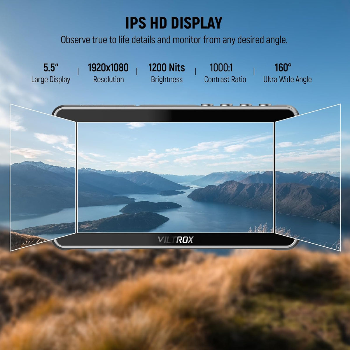 VILTROX DC-550 Touchscreen camera Field Monitor 5,5 inch 1200 Nits DSLR Camera Monitor 4K HDMI ingang/uitgang Full HD 1920x1080 IPS 3D-Lut Video Peaking Focus Assist met accu en zonnekap