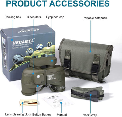 USCAMEL® 10x50 HD Militaire Verrekijker met Afstandsmeter Kompas Telescoop Stikstof Gevuld Waterdichte Sport Optica Legergroen