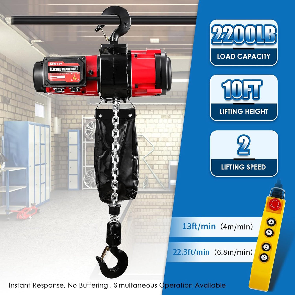 NEWTRY Elektrische kettingtakel van 2500 W, 1000 kg, 2 versnellingen, 4 m/min en 6,8 m/min, borstelloze motor, draadloze en bekabelde bediening, brugkranlift, G80 3 m hefhoogte