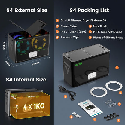 SUNLU Officiël 3D Printer Filament Droger S4, Capaciteit van 4 Spoelen, 3 Circulatieventilatoren, 350W PTC Verwarmer, Maximale Temperatuur 70℃, Intelligente Vochtigheidsregeling, Zwart