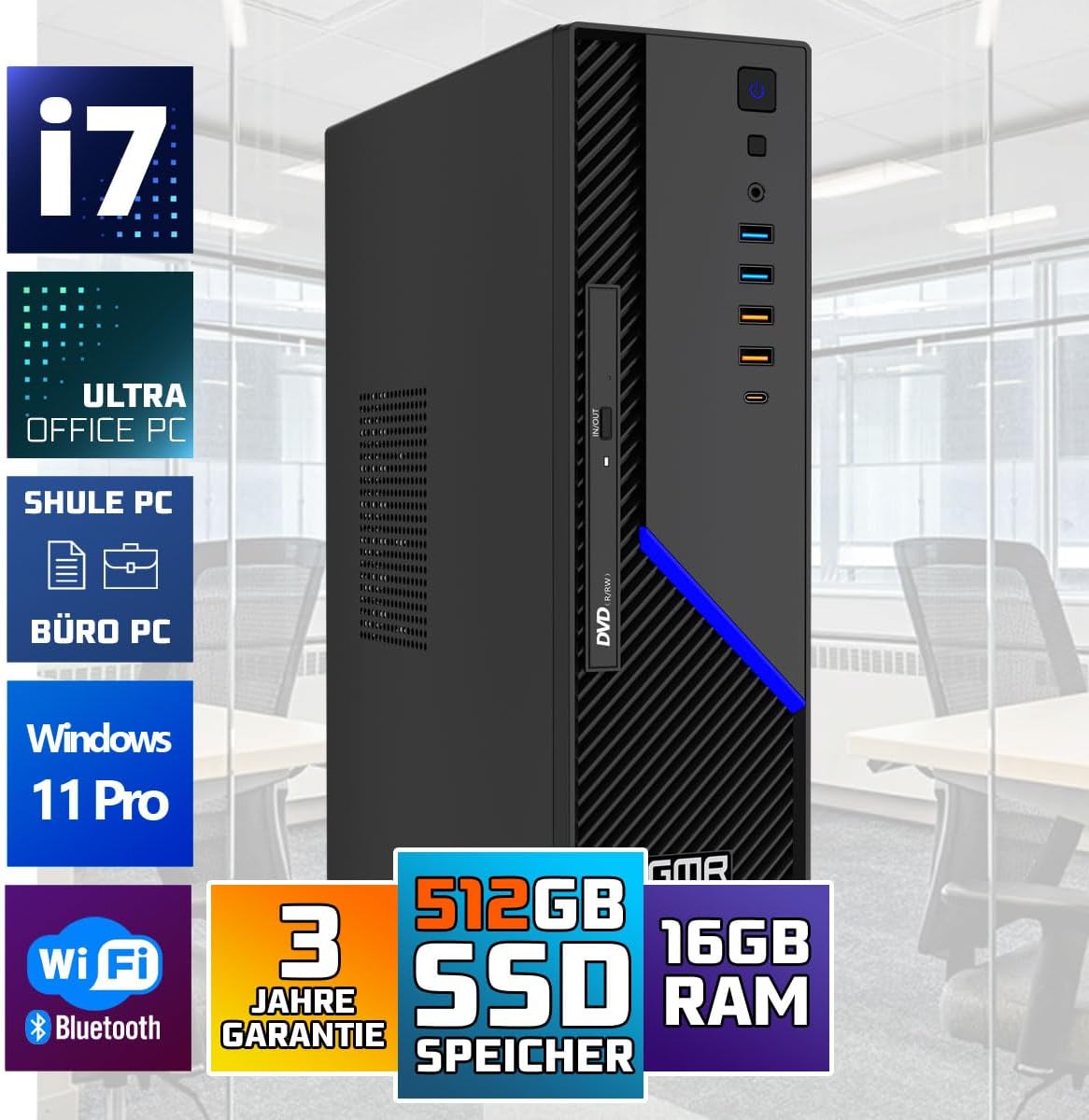 GMR Ultra SFF i7 Office PC, Business Office Computer, 16 GB RAM, 512 GB SSD M.2, DVD±RW, USB 3, Windows 11 Pro, wifi bluetooth