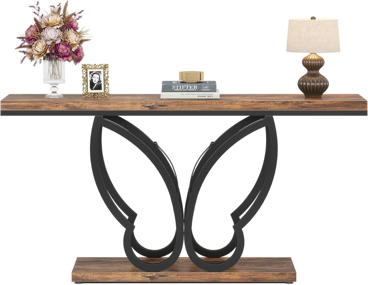 Tribesigns Farmhouse Console Table, 140cm Entrance Table with Butterfly Metal Frame, Long Narrow Wooden Bench Table Behind Sofa for Living Room Hallway Entrance, Brown and Black