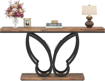 Tribesigns Farmhouse Console Table, 140cm Entrance Table with Butterfly Metal Frame, Long Narrow Wooden Bench Table Behind Sofa for Living Room Hallway Entrance, Brown and Black