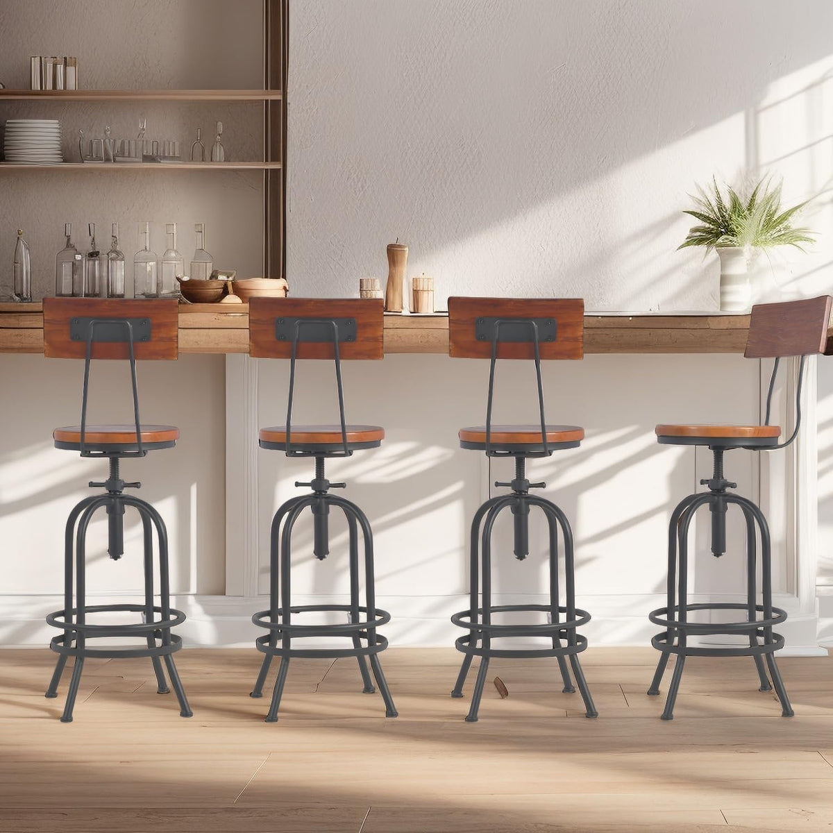 Set van 2 industriële barkrukken met rugleuning, draaibare houten zit-bar in hoogte verstelbaar 26-32 inch keuken eiland eetkamerstoel
