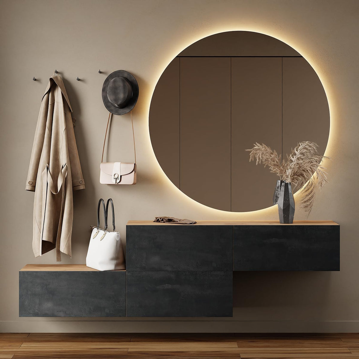 Planetmöbel Hallway furniture wardrobe wardrobe, 2 x 140 cm, gold oak - black charcoal, compact cabinet with flap as storage, wall cabinet hanging or standing, hall unit, entrance furniture - QUORE
