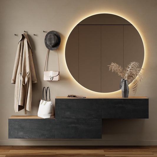 Planetmöbel Hallway furniture wardrobe wardrobe, 2 x 140 cm, gold oak - black charcoal, compact cabinet with flap as storage, wall cabinet hanging or standing, hall unit, entrance furniture - QUORE