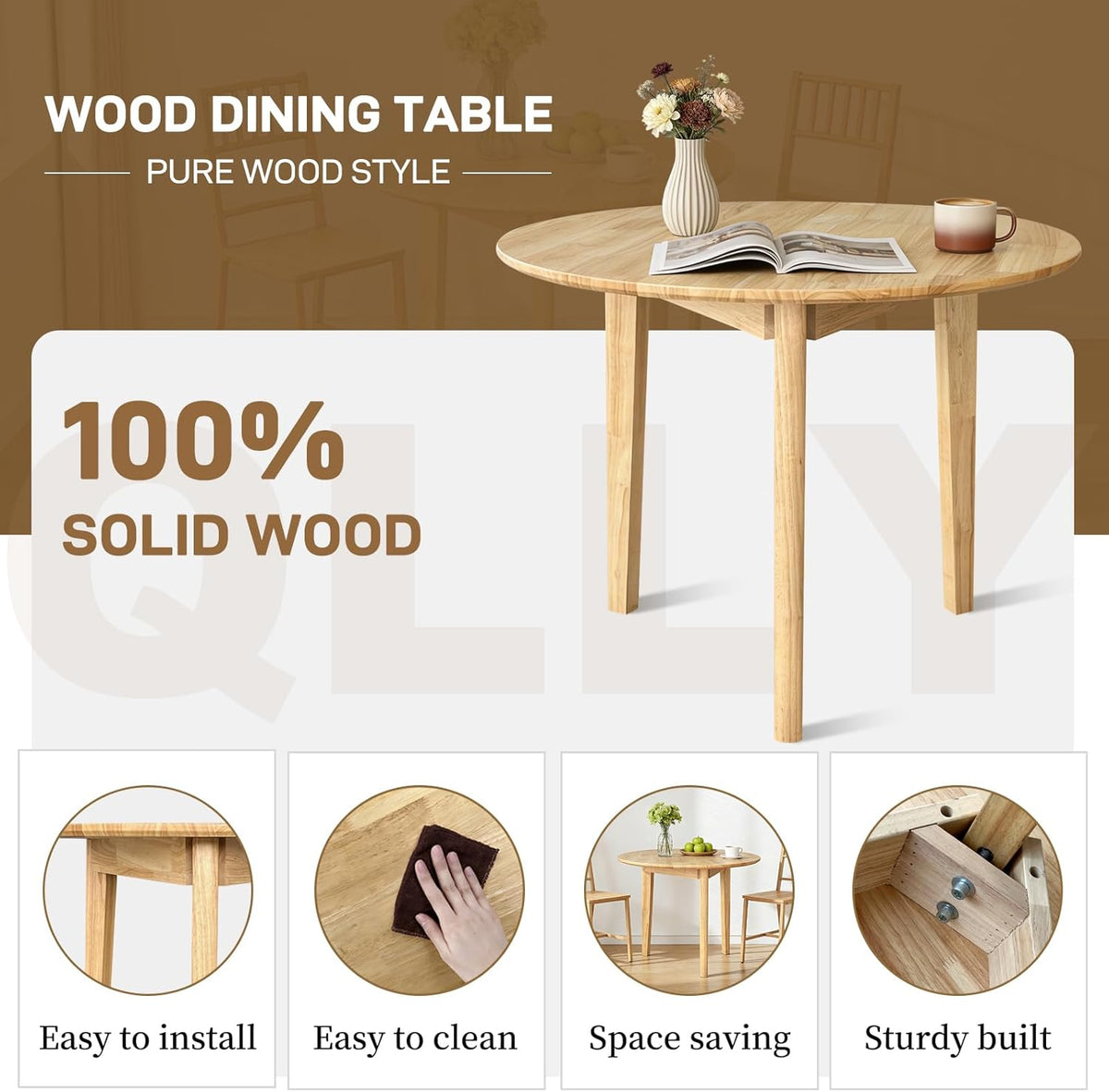 QLLY Ronde Eettafel Massief Houten Eettafel, Keukentafel Houten Tafel, Platte Poten (Natuurlijk, 80cm / 31.49")