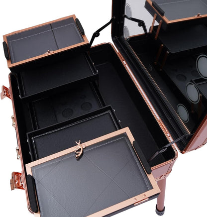 Cosmetic Suitcase, Trolley, Makeup Case, Beauty with Mirror, Easy to Clean, Extendable Shelves, Professional Champagne Glass, Retro Upcase - QUORE