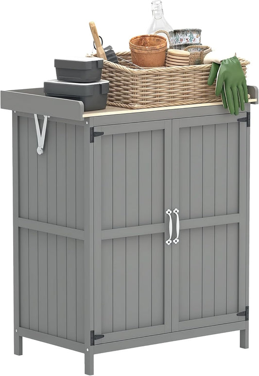 Outsunny Gartenschrank Holz, Geräteschuppen wetterfest 74x43x88 cm, Gerätehaus mit Klappdach Ablagen, Arbeitsfläche, Geräteschrank, Gartenhaus Werkzeugschrank Gartenschuppen für Garten, Terrasse, Grau - QUORE