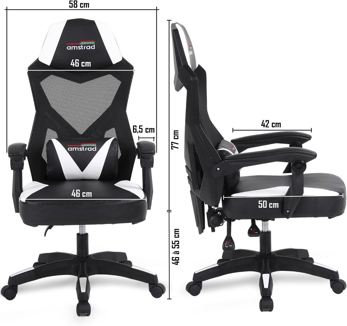 Gaming en bureaustoel met kantelbare rugleuning 135°, ademend netweefsel, lendenkussen, wit en zwart