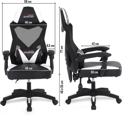 Gaming en bureaustoel met kantelbare rugleuning 135°, ademend netweefsel, lendenkussen, wit en zwart