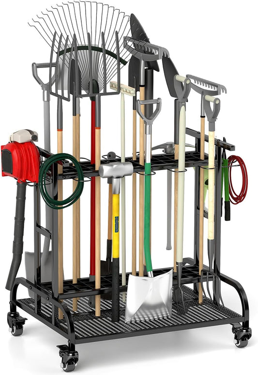 tonchean Opbergorganizer voor tuingereedschap, 360 ° draaibare tuingereedschap, torenrek, trolley met wielen, 3-laags gereedschapshouder, standaard, plank voor garage, tuin, gazon, werkplaats
