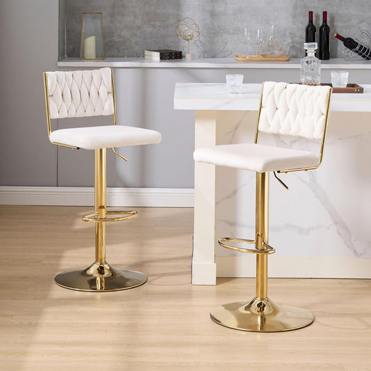 chairus Velvet Bar Stools Set of 2 Swivel Breakfast Bar Stools Adjustable Pitch Chair with Woven Back (Beige-2) - QUORE