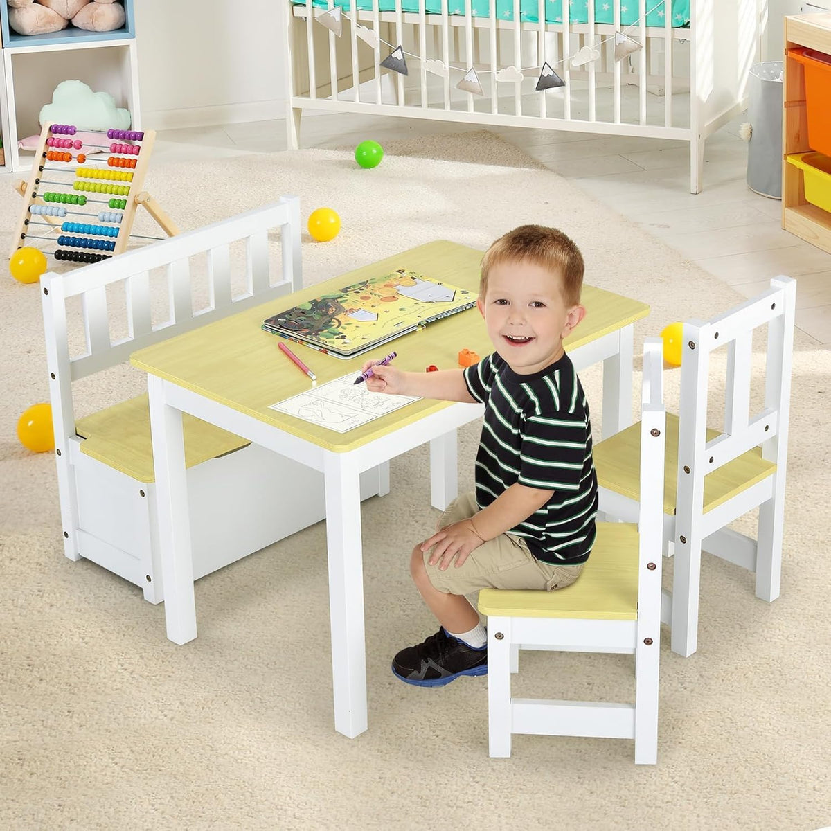 FANTASK 4-delig kinderzitgarnituur met opbergruimte, kindertafel van grenenhout met 2 stoelen & zitbank, natuurlijke kleur