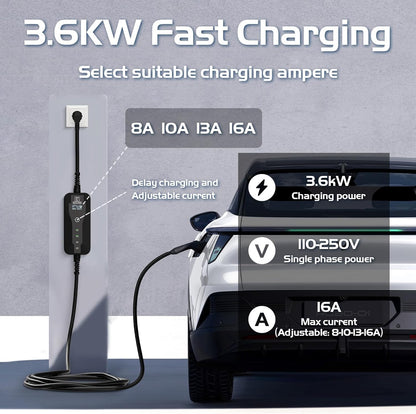 5M EV Oplader Type 2, Type 2 EV-Oplader, 3.6kW Elektrische Voertuiglader, 8-16A Schakelbare Stroom, met Controleerbare Digitale Display, Elektrische Auto Oplaadkabel, met Zak (IEC 62196-2)