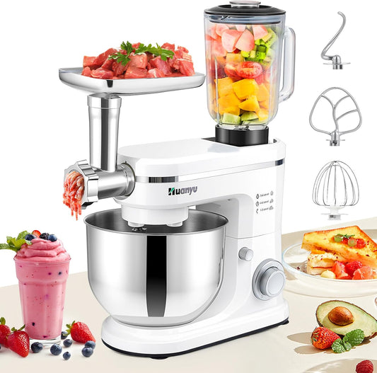Huanyu 3-in-1 multifunctionele blender met 1,5 liter mixer en vleesmolen, elektrische keukenmixer met 6 liter roestvrijstalen kom, 6 versnellingen keukenmixer voor de meeste gerechten thuis