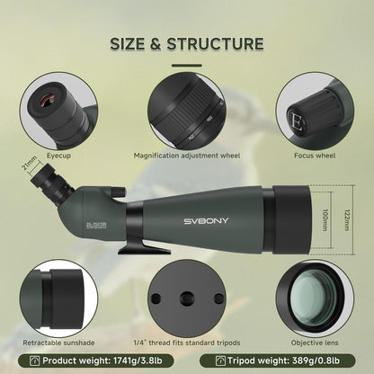 Svbony SV28 Spotting Scope 25-75x100, BAK4 Prism MC Optiek Monoculair met Statief Telefoon Adapter 45 Gebogen Oculair Spotting Scope voor het observeren van vogels