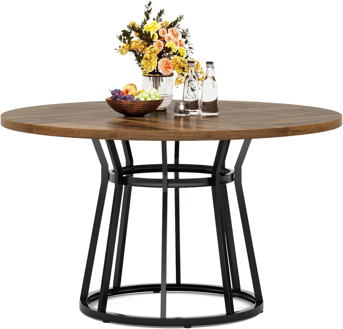 Tribesigns Round Dining Table for 4 People, Circle Dining Table with Metal Base, 120cm Round Kitchen Dining Table for Living Room Kitchen Dinning (Brown)