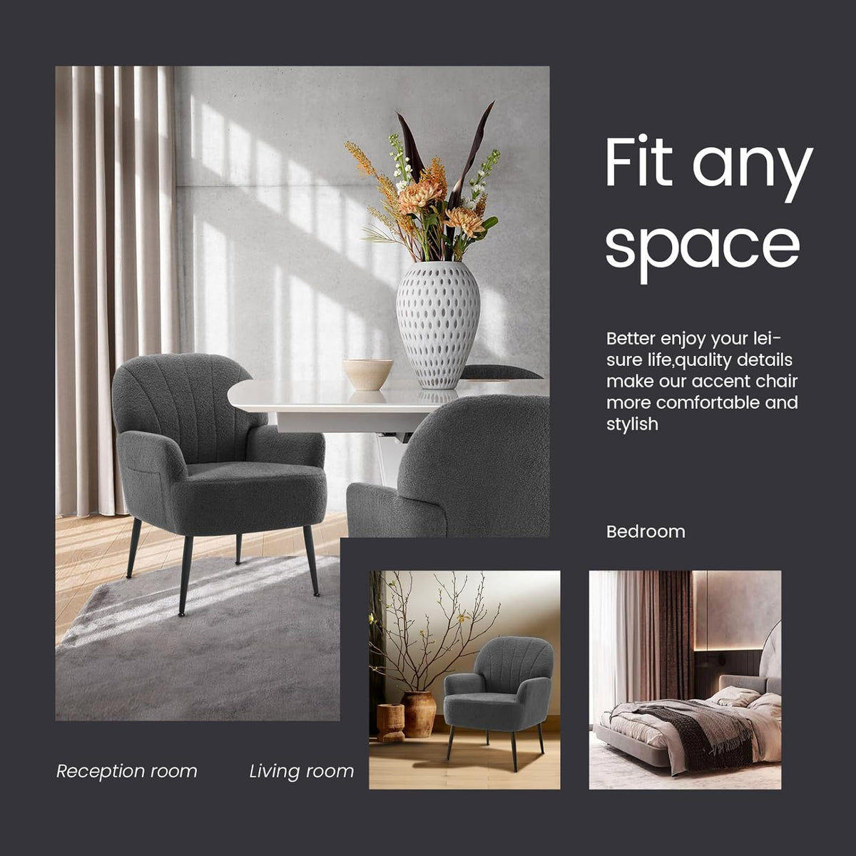 IWMH Accent Chair for Living Room, Teddy Fabric Armchair, Single Sofa Chair with Armrests, Metal Legs, Corner Chair for Bedroom Reading (Teddy Grey) - QUORE