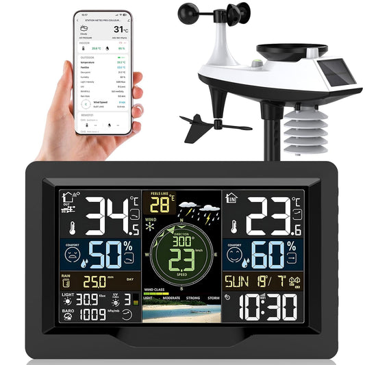 jely WiFi Weerstation met App, WLAN Weerstation met Buitensensor, Thermometer Hygrometer, Windmeter & Regenmeter, Temperatuur, Vochtigheid, Luchtdruk, UV-Index, 12–24 u Weersvoorspelling
