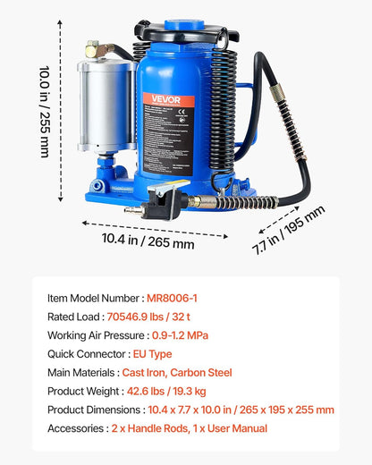 VEVOR Vloerlift, capaciteit 32 ton, hefbereik 255-415 mm, gelaste krik voor zware pneumatische of handmatige toepassingen, met pomp voor SUV's, vrachtwagens
