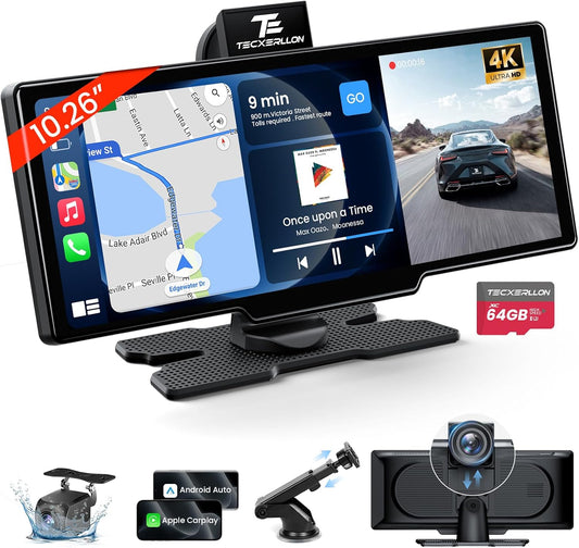 10,3 inch draadloos Carplay scherm voor auto met 4K Dash Cam & 1080P Backup Camera, Draagbare Auto Audio Ontvangers met Carplay & Android Auto, GPS Navigatie, Airplay, Mirror Link