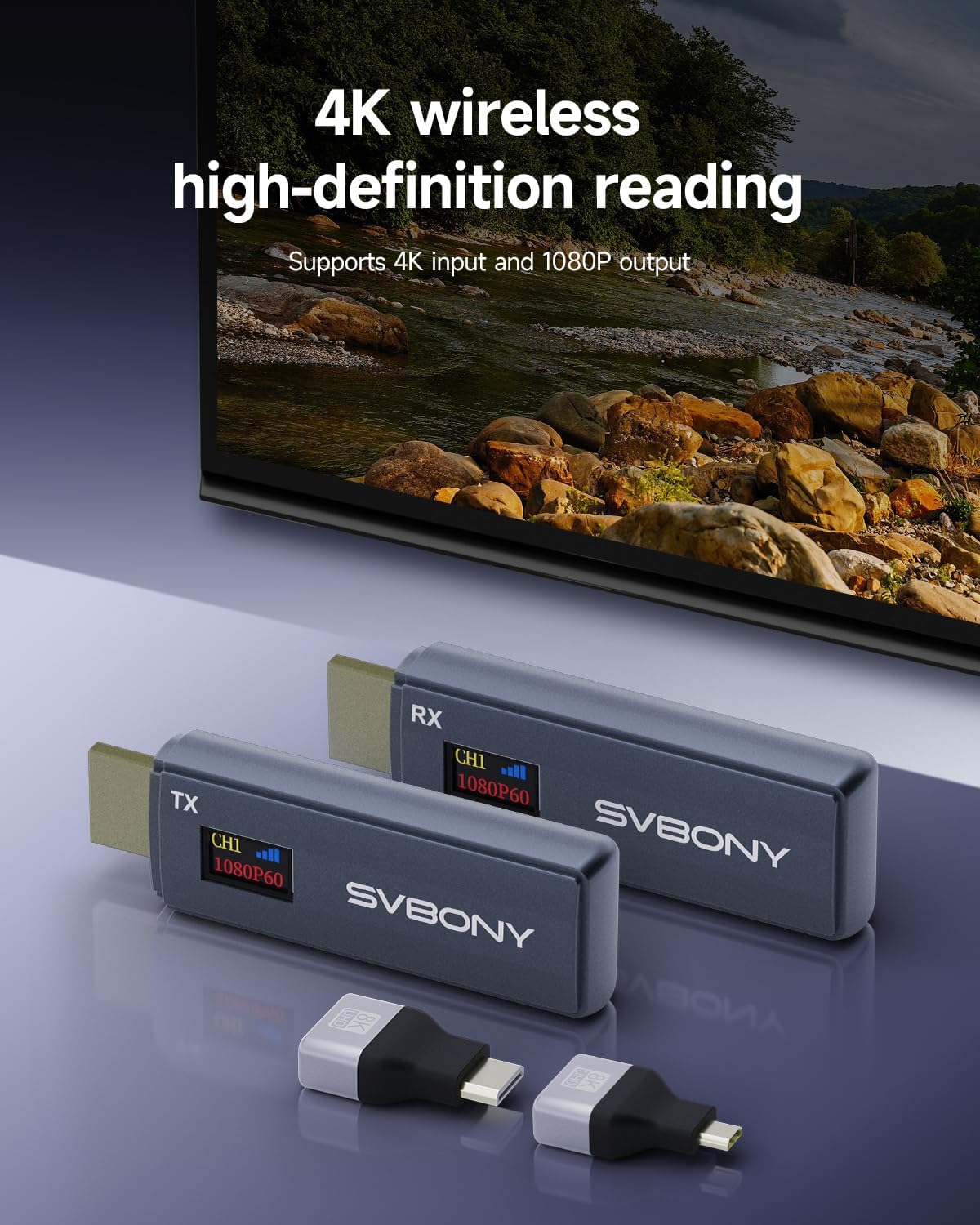 Svbony TransAir1 HDMI Zender en Ontvanger, HD Draadloze HDMI Verlenger met OLED Kleurendisplay, 9 Kanalen, 2.4G&5G, Storingsvrij, 50-80M Bereik in open Ruimte voor Camera, Pc, Tv Box, Laptop