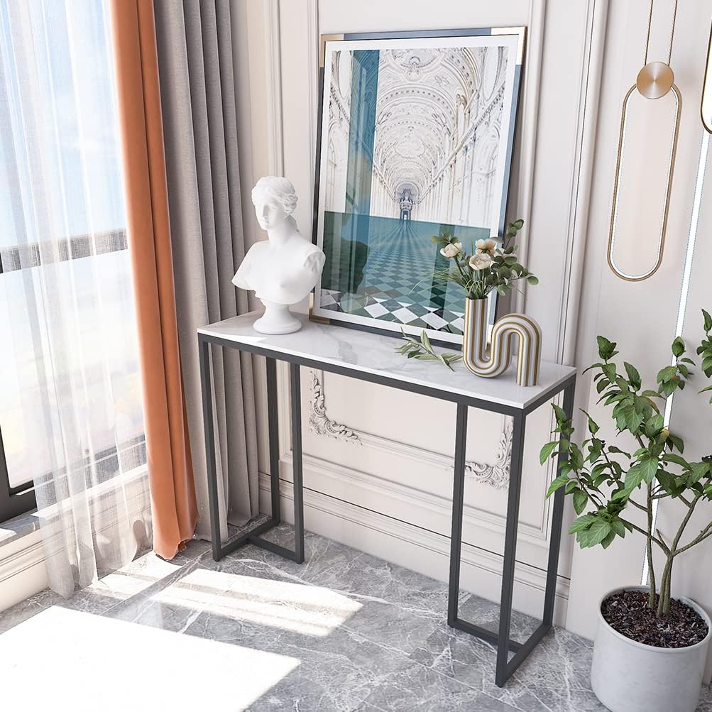 Slanke consoletafel gangeenheid: wit marmeren consoles bureau lang 100 cm hoogglans gesinterde stenen keffect en zwarte poten smalle hoge moderne bank bijzettafels dressoir woonkamer