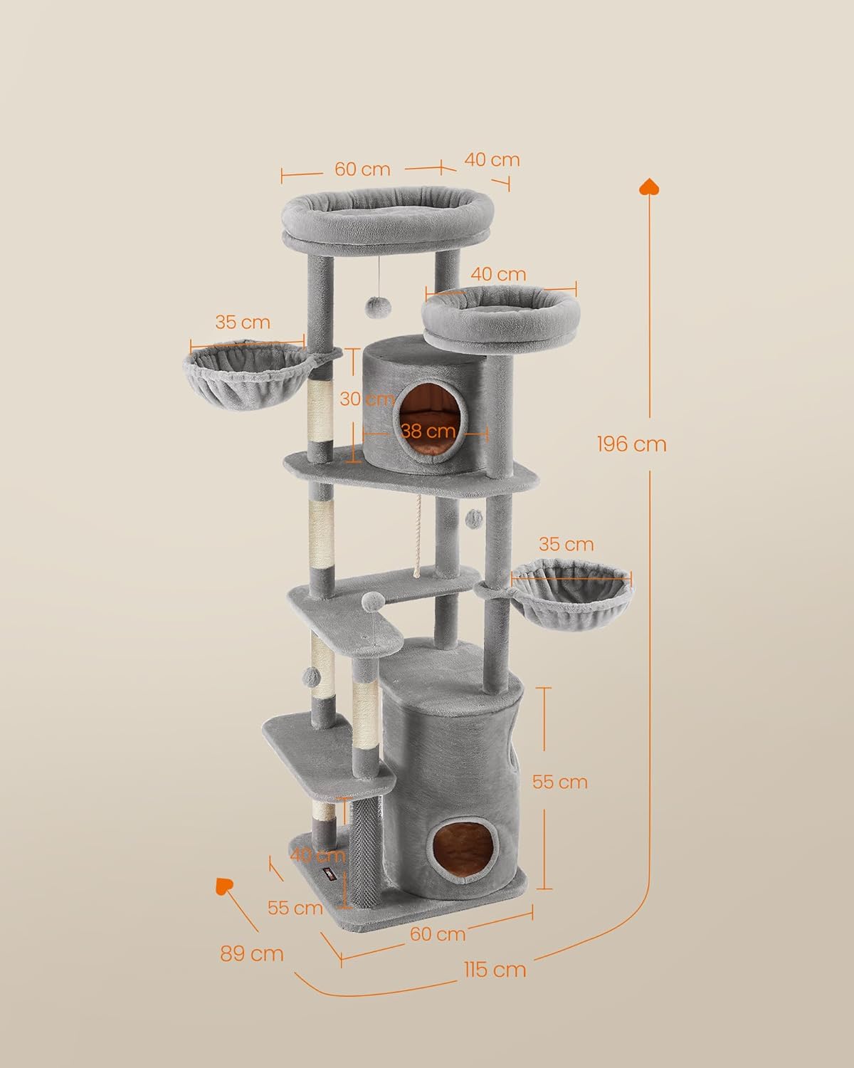 Feandrea krabpaal groot, XXL, 196 cm hoog, meerdere verdiepingen kattenboom met 2 grote platforms, 3 grotten, 2 ligbedden, 5 krabpalen, 4 pluche ballen, kattenborstel, tunnel, lichtgrijs PCT153W01