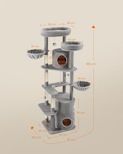 Feandrea krabpaal groot, XXL, 196 cm hoog, meerdere verdiepingen kattenboom met 2 grote platforms, 3 grotten, 2 ligbedden, 5 krabpalen, 4 pluche ballen, kattenborstel, tunnel, lichtgrijs PCT153W01