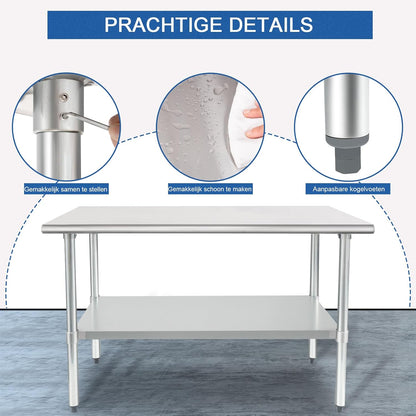 HARDURA Roestvrij Staal Tafel 61×152 cm met Onderkast en Gegalvaniseerde Benen Zware Duty Commercieel Voedselbereidingstafels voor Restaurant Keuken Thuis en Hotel