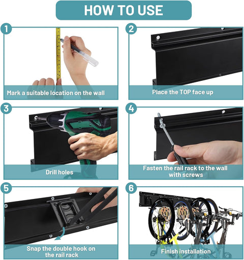 Fietsenrek - Fietsstandaard - Fietshouder - Fietshaak - voor 6 Fietsen  - 5 Helmen - 2 Garagehaken - Verstelbare - Verticale Wandfietsophanging - met Framebescherming - voor Woning - Garage - Opslag - 162.8 x 10 cm -Zwart