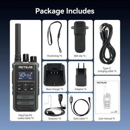 Retevis MateTalk P3 DMR Portofoon met Oordopjes, Snelladen, Portofoons met Groot Bereik, SMS, Groepsgesprekken, LCD-Scherm, Commerciële Digitale Portofoons voor Scholen (4 verpakkingen)
