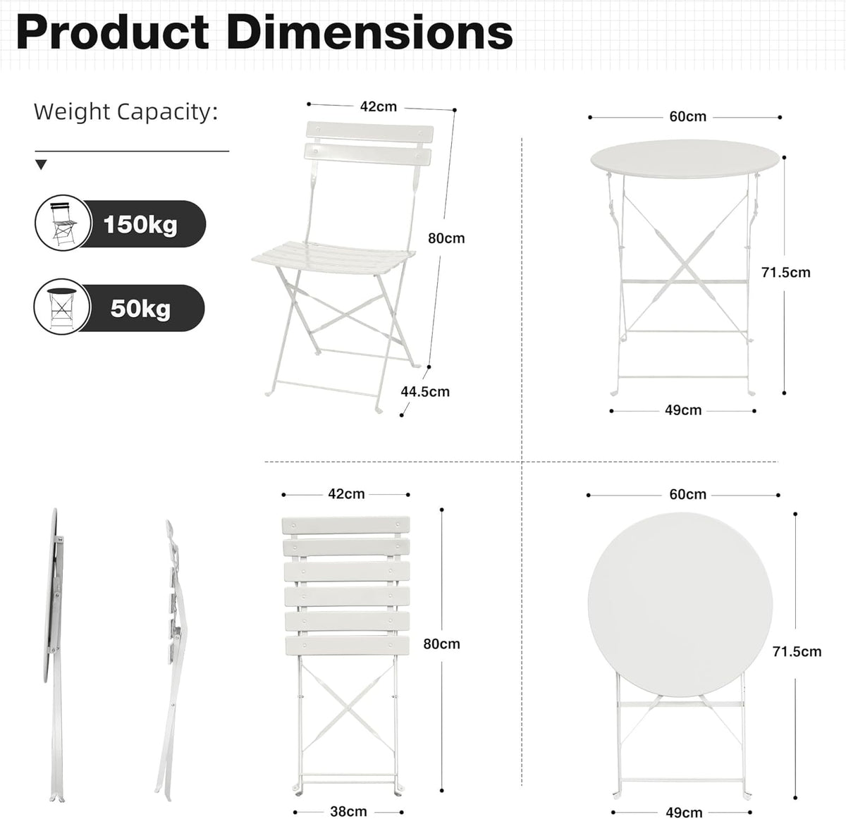 Tuinmeubelset, weerbestendig, balkonmeubelset, 3-delig, voor klein balkon, bistrotafel met 2 stoelen, bistroset, inklapbaar, wit