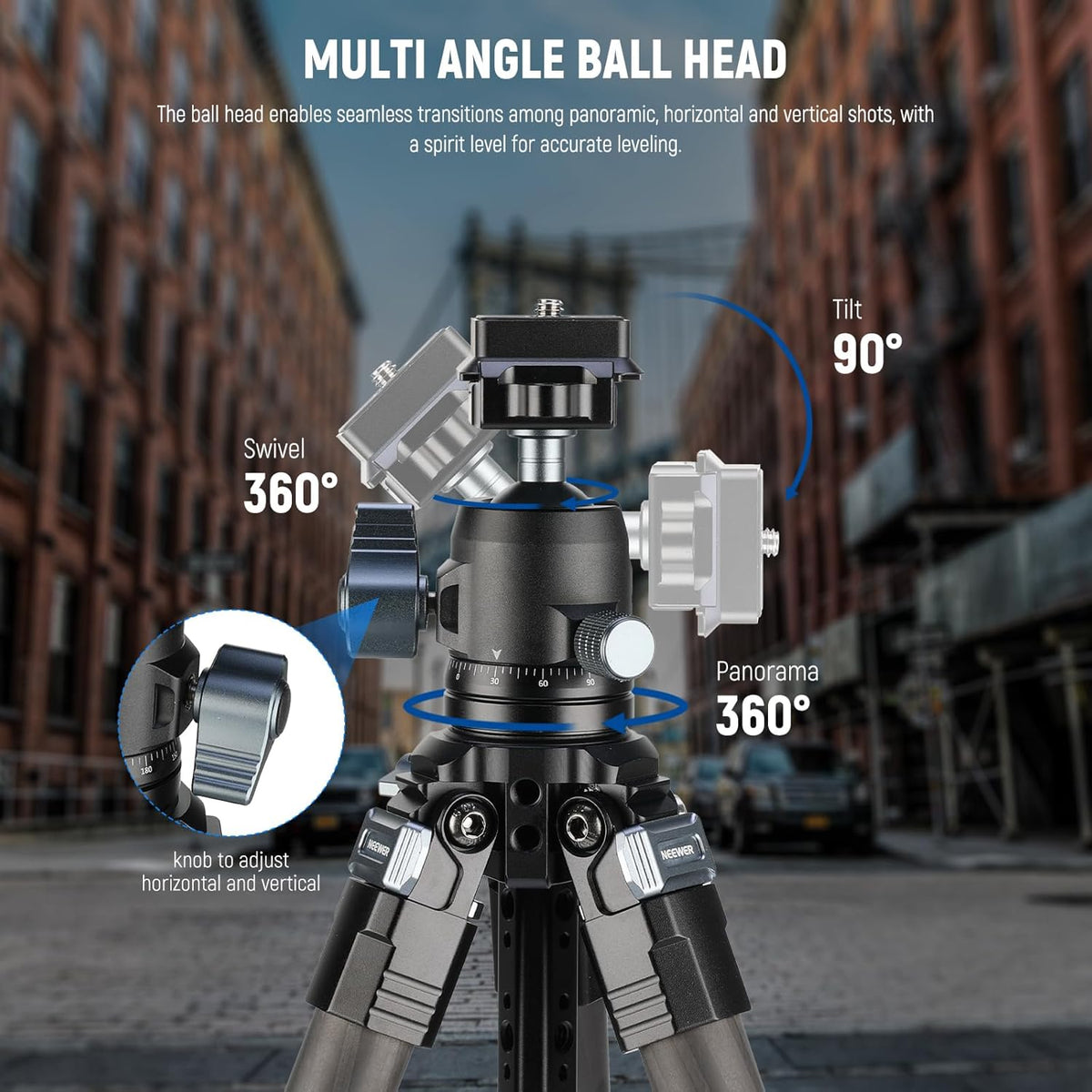 NEEWER 60 inch reisstatief koolstofvezel met afneembare 360° kogelkop, lichtgewicht videocamerastandaard met metalen snelklapgesp, Arca type QR-plaat compatibel met Peak Design Capture V3, LT36