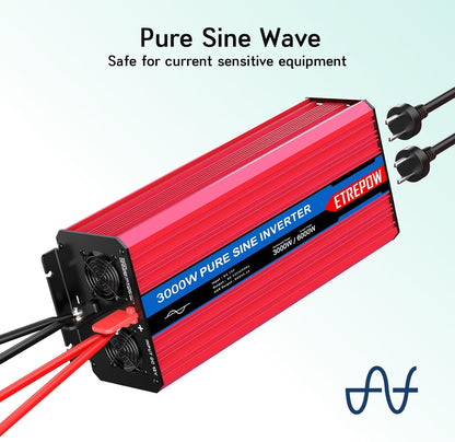 3000w/6000W Omvormer Zuivere Sinus Spanningsomvormer 12v 230v Stroomomvormers met 2 EU-stopcontact en 1 USB-poort, Draadloze Afstandsbediening