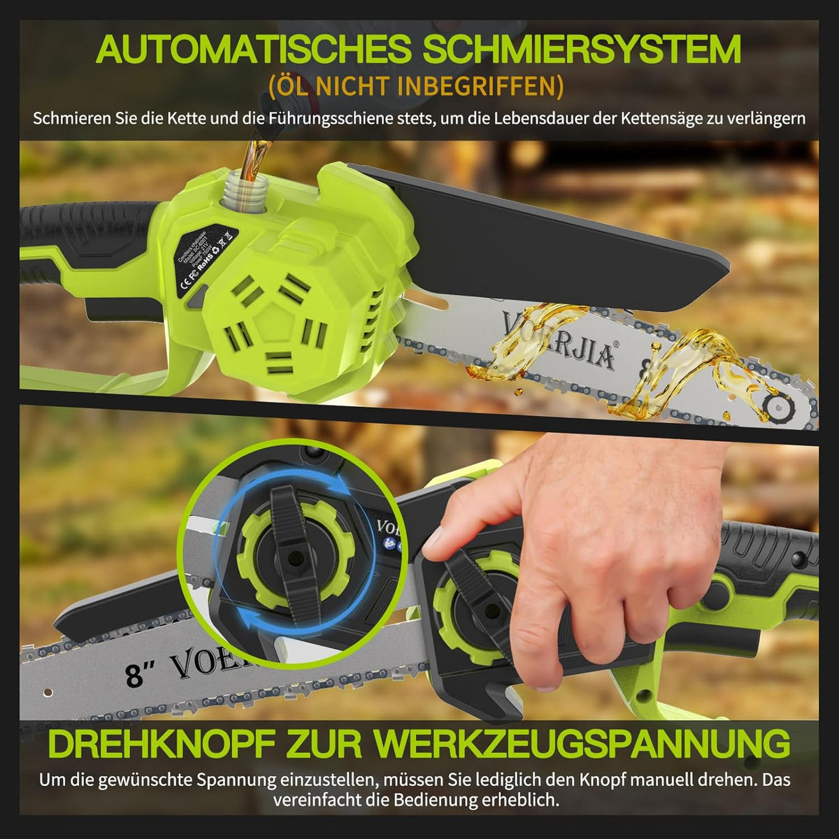 2-in-1 hoogsnoeier kettingzaag, 6"&8" mini heggenschaar, 6,73 voet telescoopsteel accu-hoogsnoeier, 2x4,0Ah accu, automatische olietoevoer, instelling zonder gereedschap, hoogsnoeier voor het trimmen