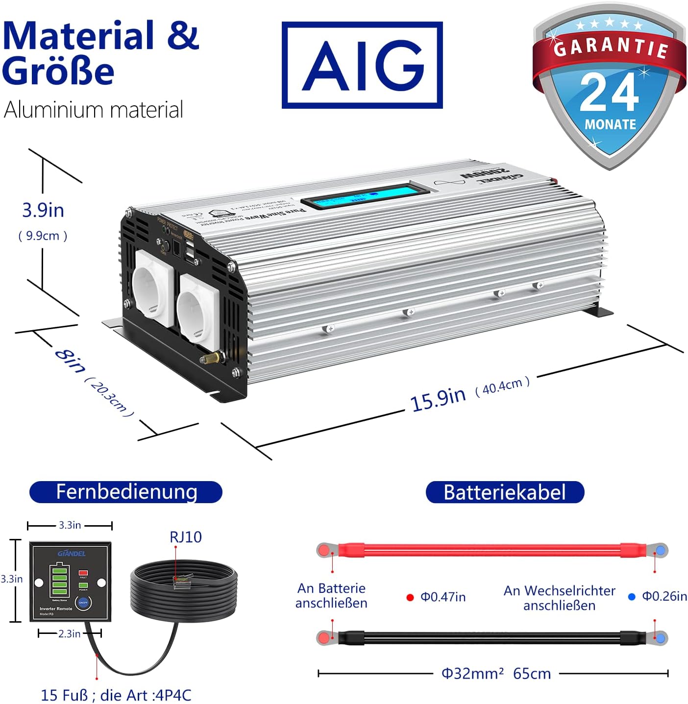 GIANDEL 2000 W zuivere sinus omvormer, DC 12 V naar AC 230 V, spanningsomvormer compatibel met LiFePO4-batterij, Power Inverter met 2 x 2,4 A USB en afstandsbediening en LCD-display voor