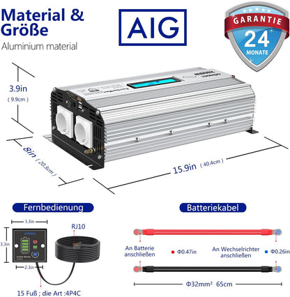 GIANDEL 2000 W zuivere sinus omvormer, DC 12 V naar AC 230 V, spanningsomvormer compatibel met LiFePO4-batterij, Power Inverter met 2 x 2,4 A USB en afstandsbediening en LCD-display voor